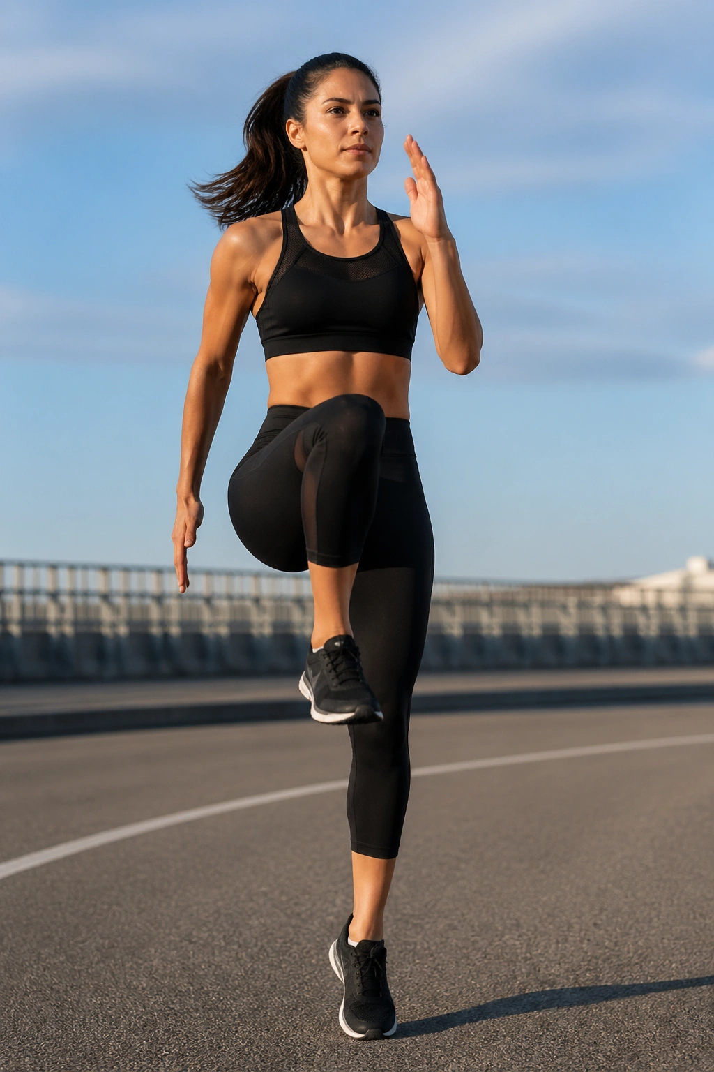 Person performing high knees on sunny track