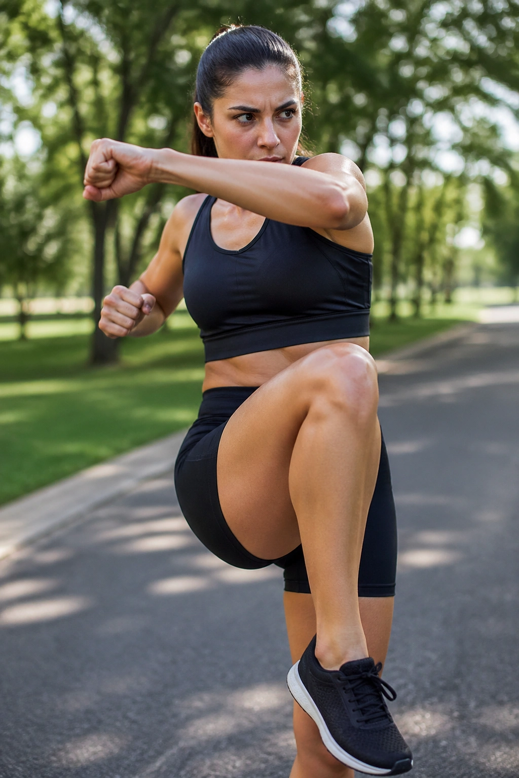 Close-up of a person performing high knees with cross punches in a park