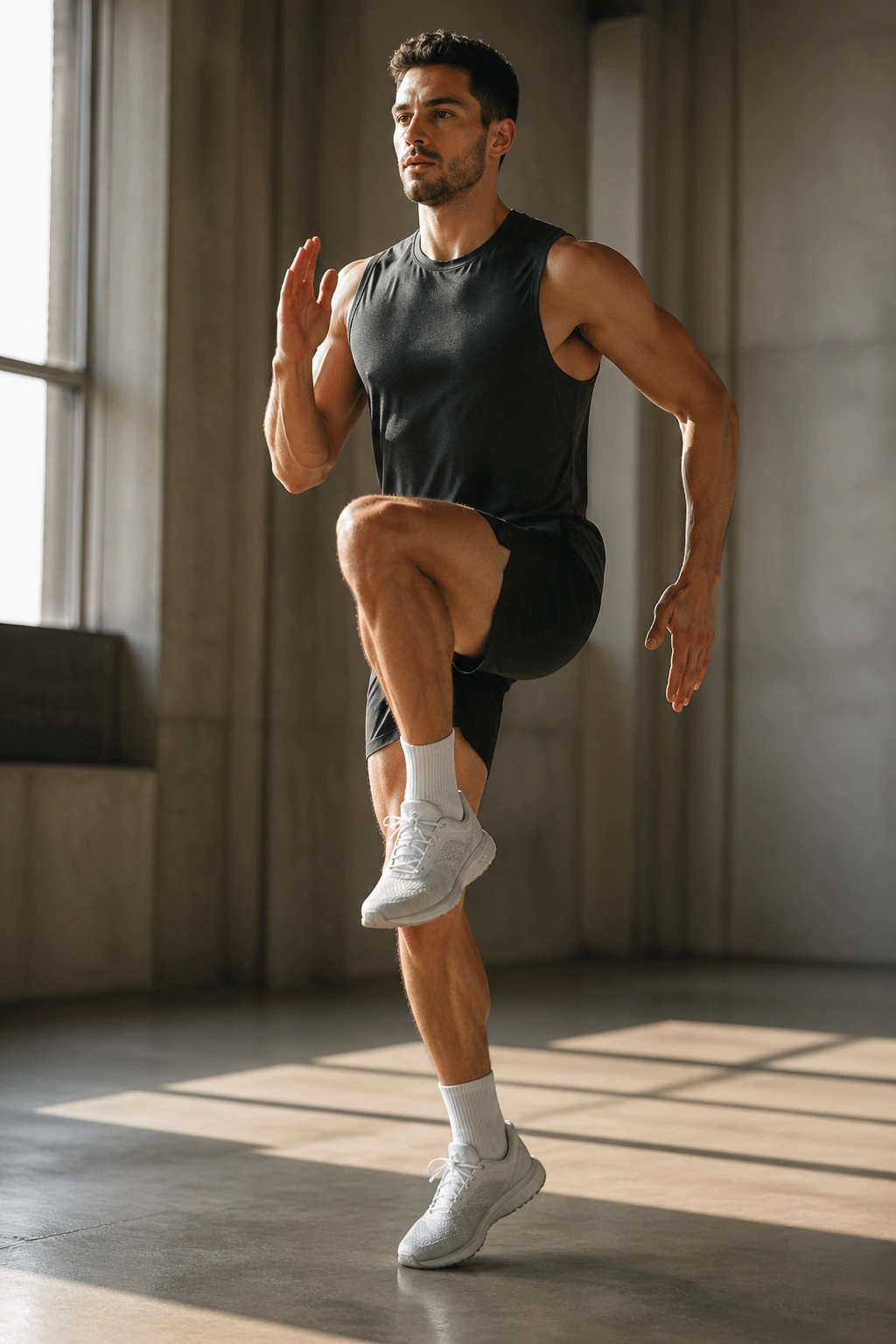 Athlete performing high knees and heel flicks in a gym, mid-shot emphasizing leg movement.