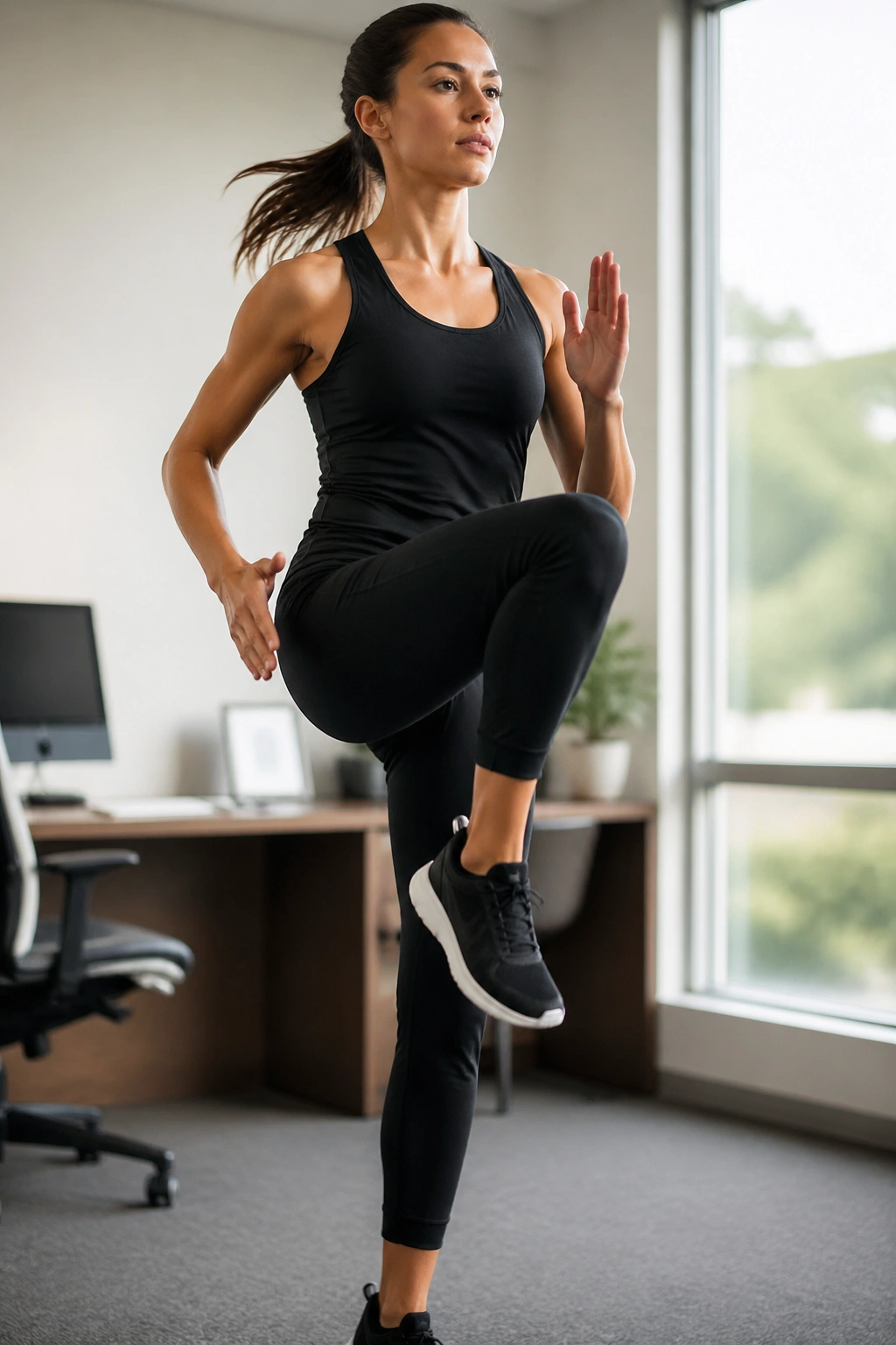 Close-up of a real person performing quiet high knees in a small office space