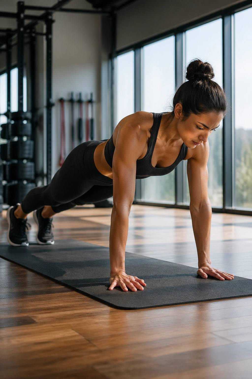 Real person in high plank on a yoga mat in a bright gym