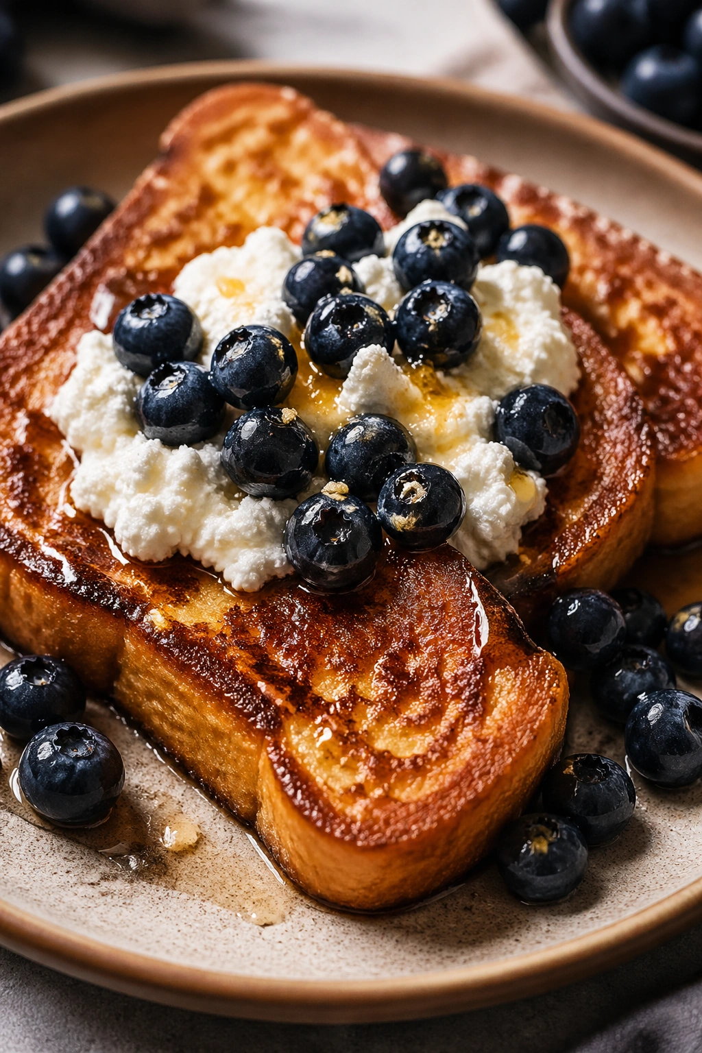 French toast with ricotta and blueberries on plate
