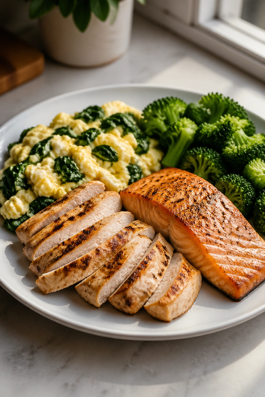 Close-up plate with protein-rich foods including eggs, chicken, and salmon in a kitchen setting