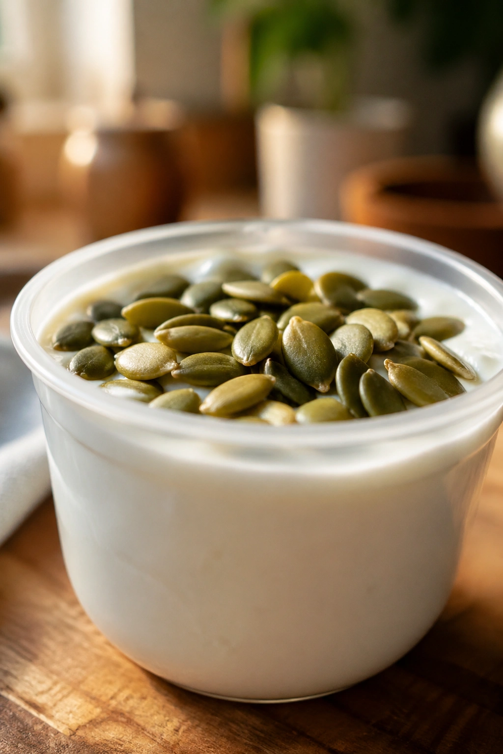 Close-up of a Greek yogurt cup with pumpkin seeds in a kitchen