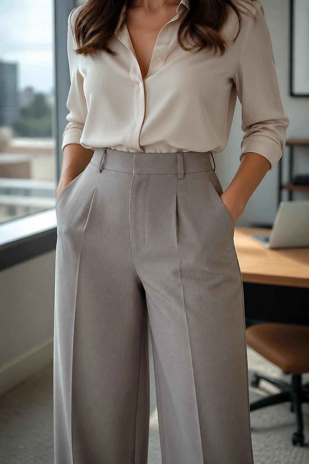Close-up of a real woman in high-rise wide-leg trousers and a tucked blouse showing waist definition.