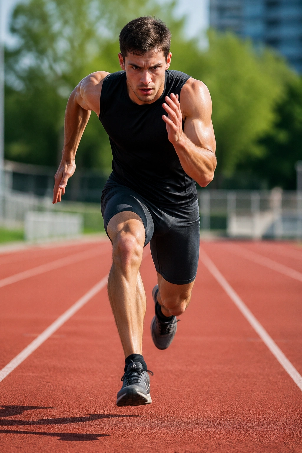 Real person sprinting on a track during interval training