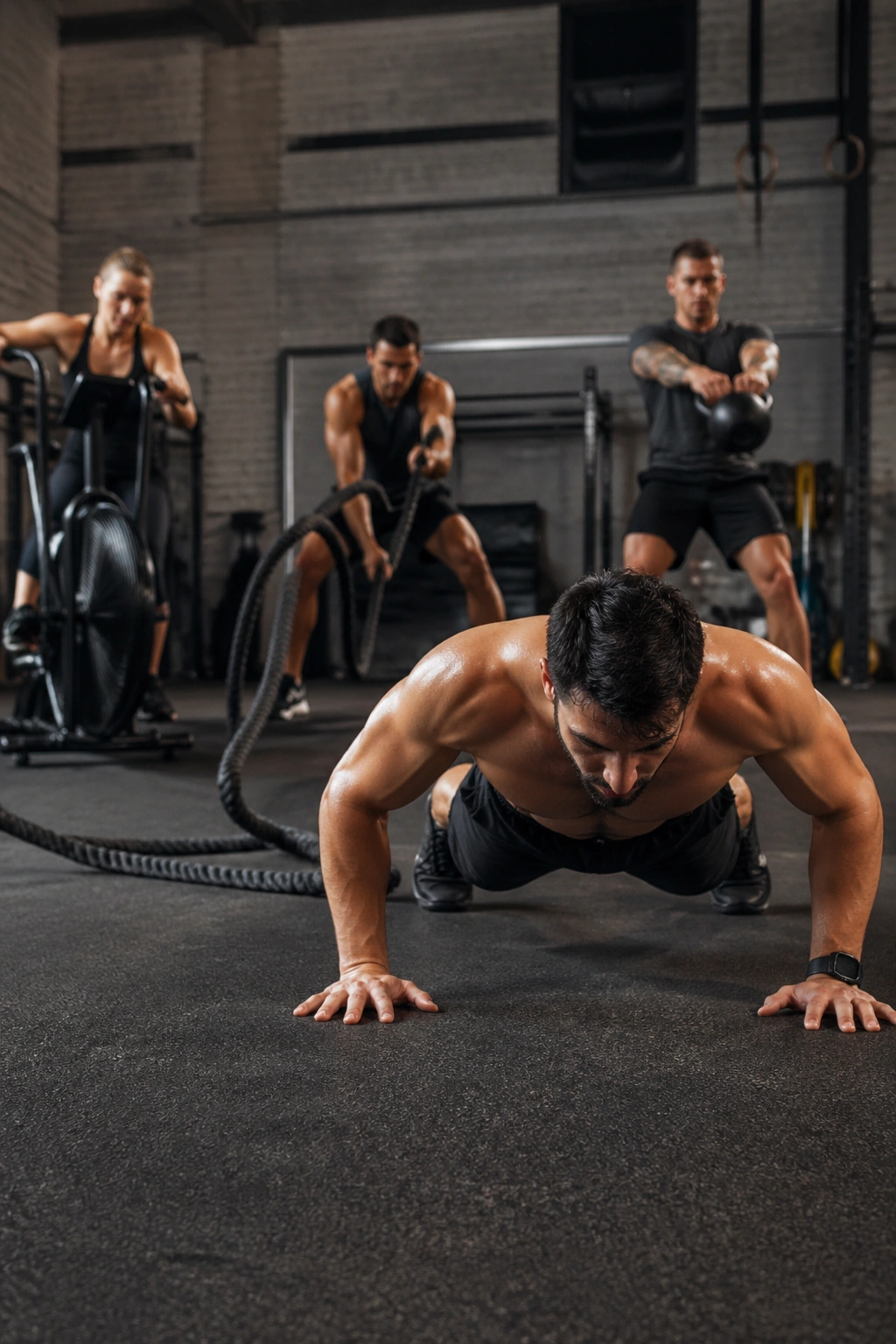 Athlete mid-burpee at end of a four-station HIIT ladder in a gym