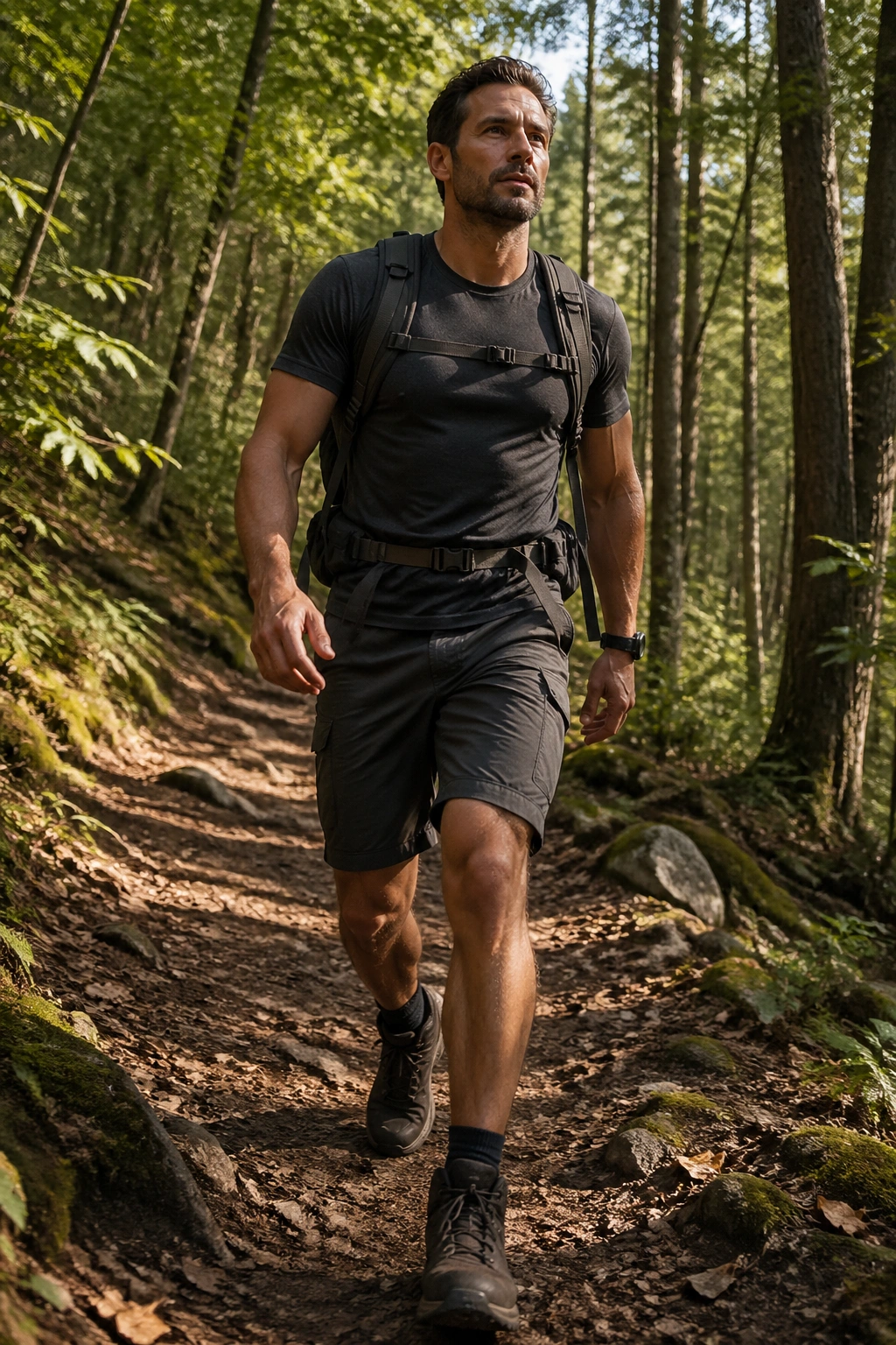 Hiker walking on a forest trail with backpack.