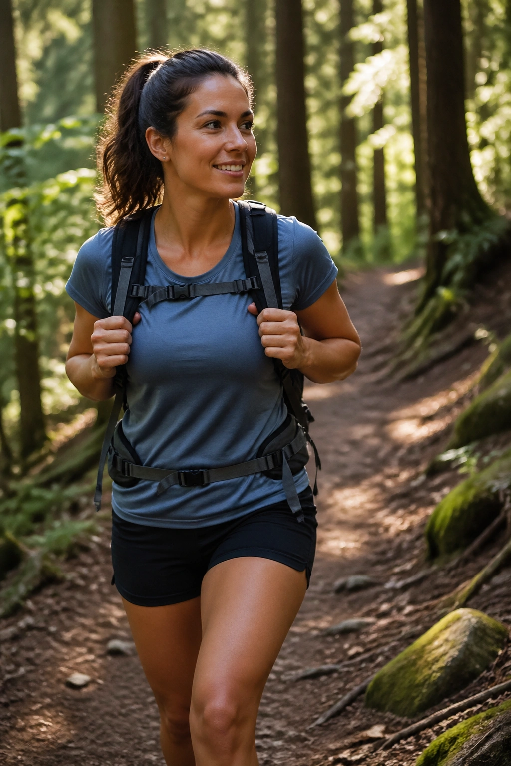 Hiker with a lightweight pack on a forest trail in sunlight