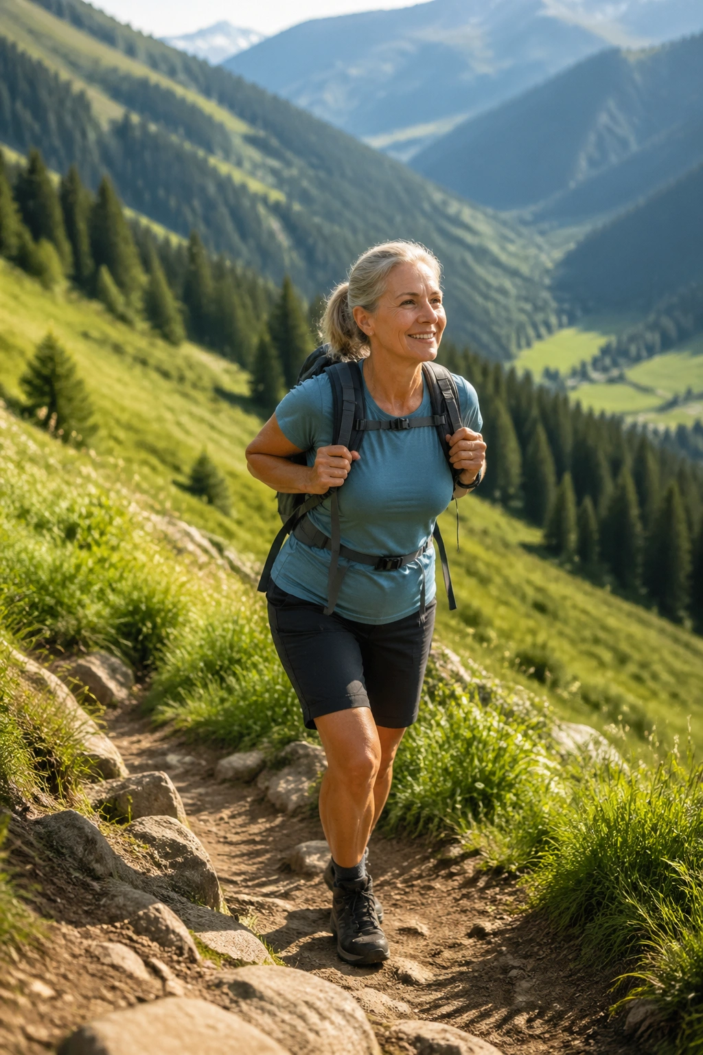 Woman hill hiking on forest trail with backpack