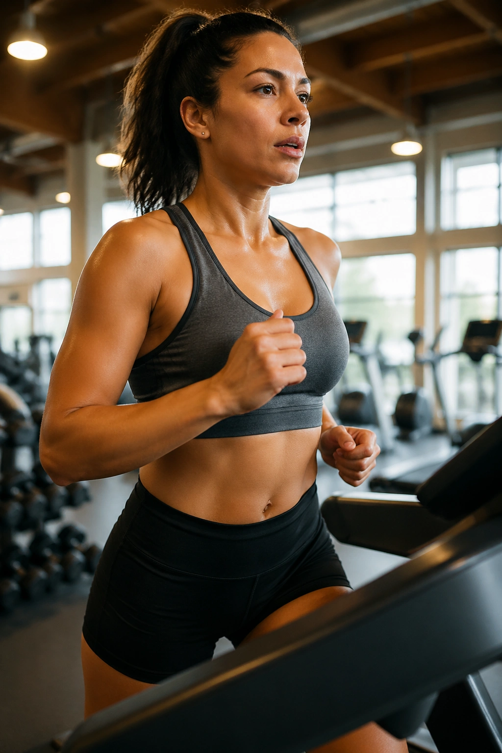 Close-up of a person climbing incline on a treadmill in a gym