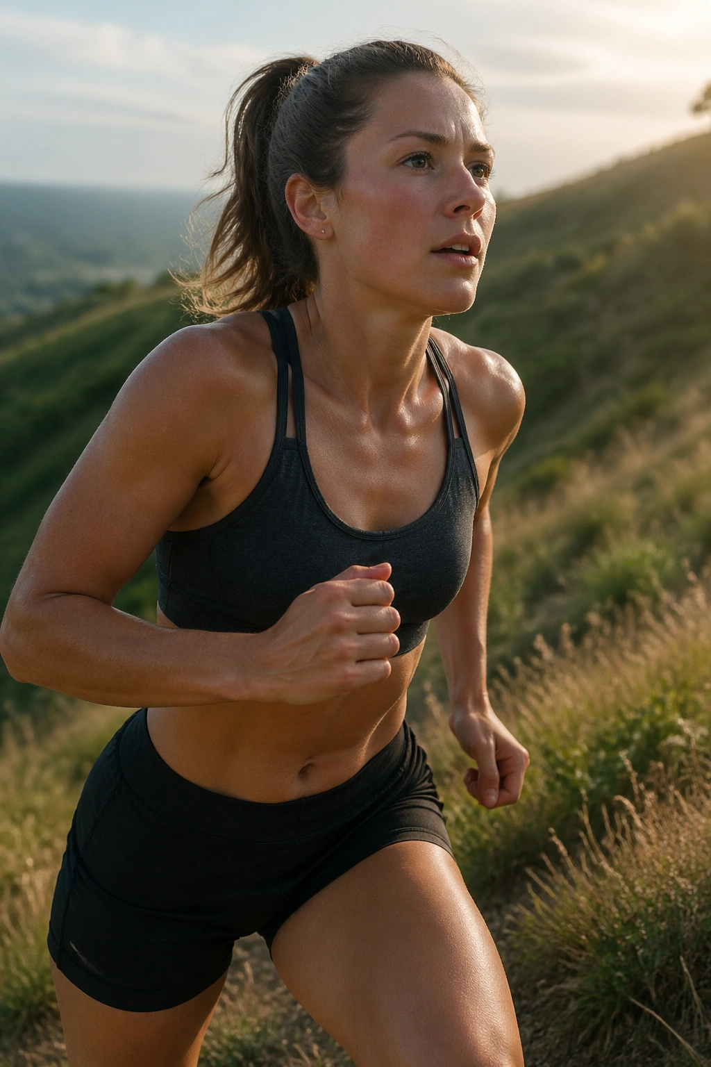 Close-up of a runner performing hill repeats uphill on a grassy slope in morning light