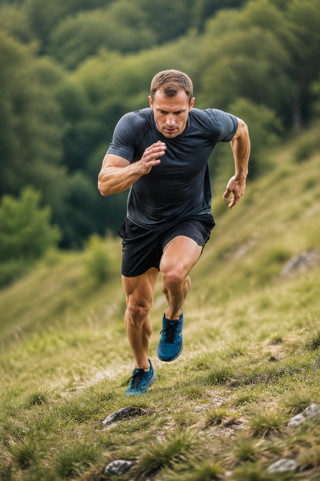 Runner sprinting uphill on a grassy hill