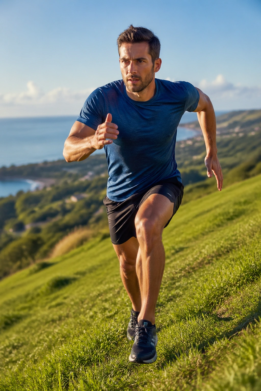 Athlete sprinting uphill on a grassy hill under bright daylight