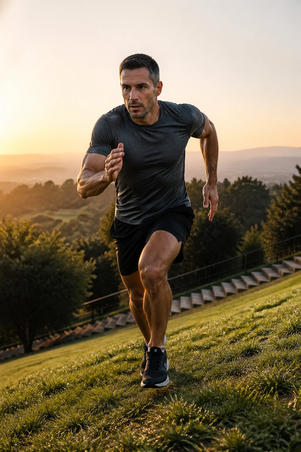 Mid-shot of a man sprinting uphill on a grassy hill at dawn