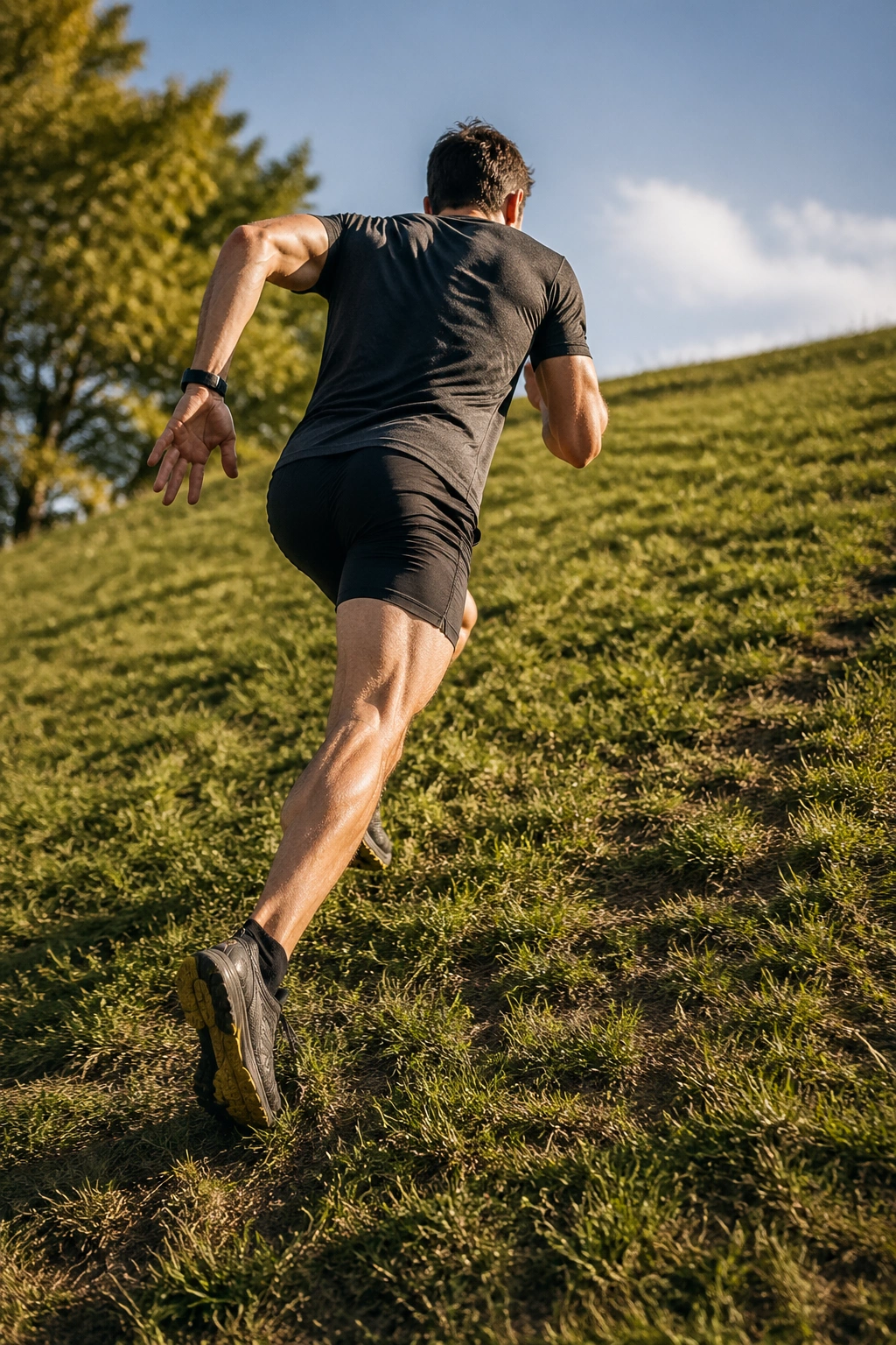 Athlete sprinting uphill on a grassy hill outdoors