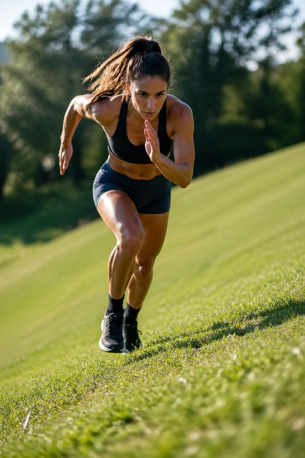 Athlete sprinting uphill on a grassy hill outdoors