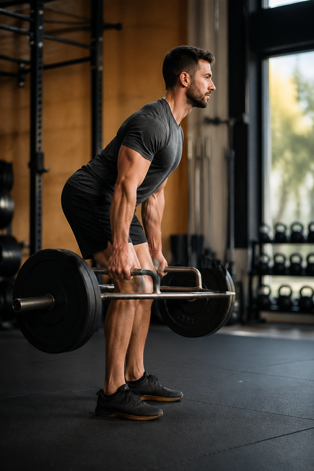 Lifter performing hinge with trap-bar and carry in gym