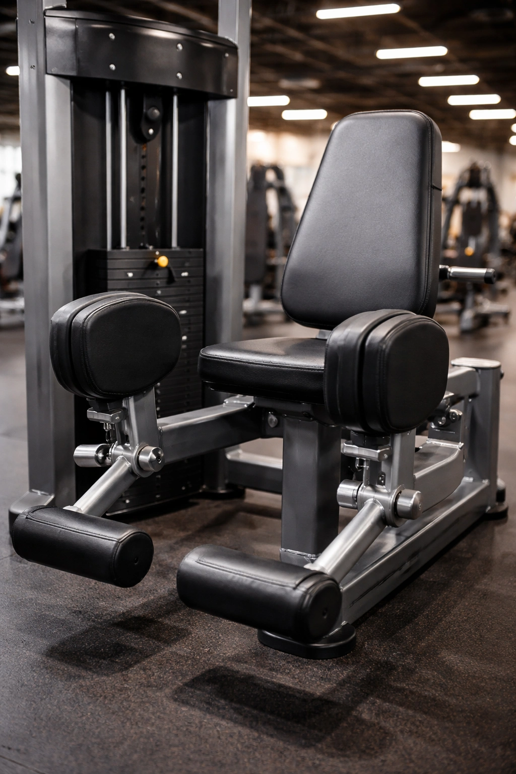 Close-up of a seated hip abduction machine in a gym, focusing on outer hip pads