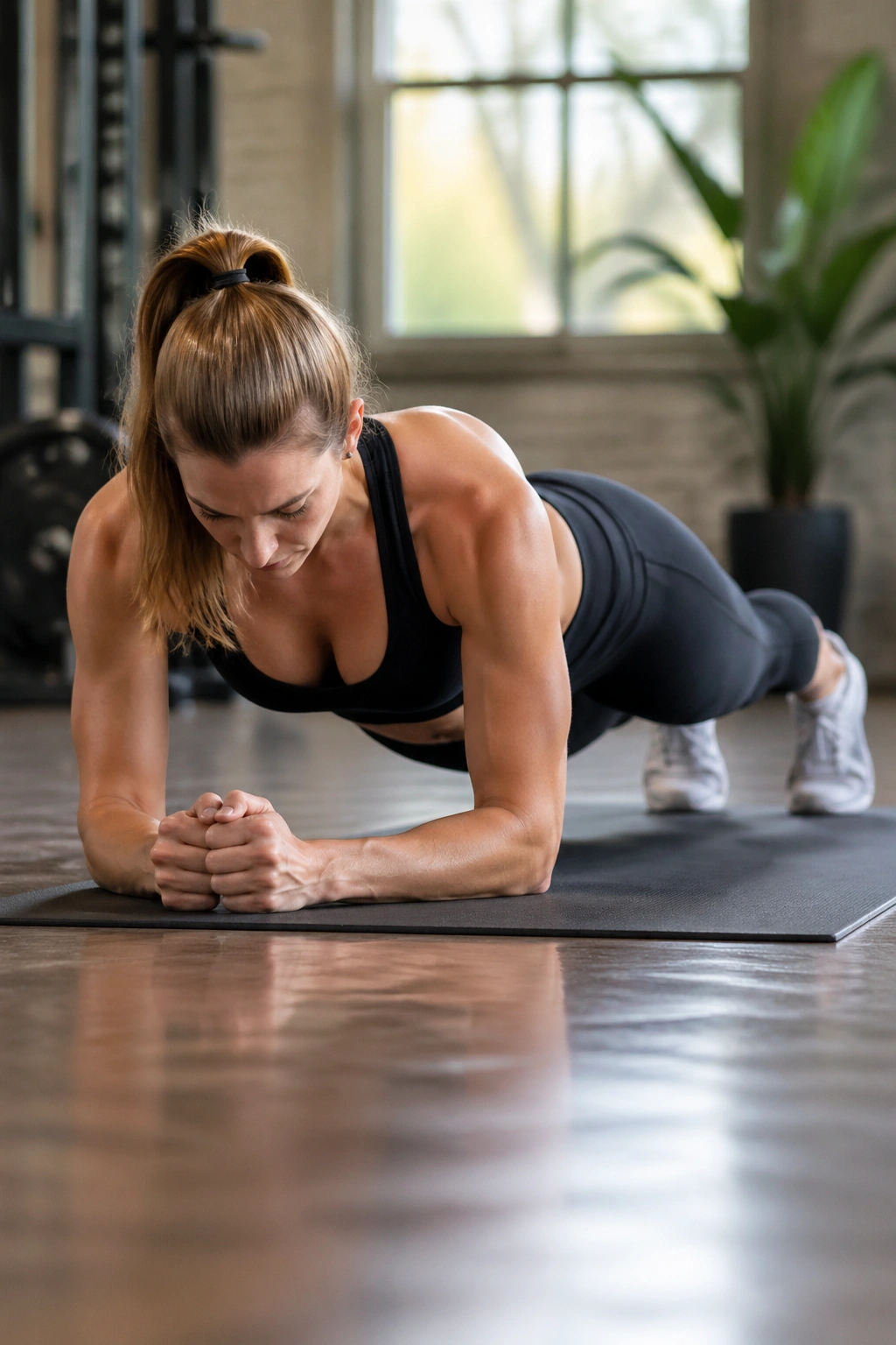 Forearm plank with hip dips showing oblique engagement.