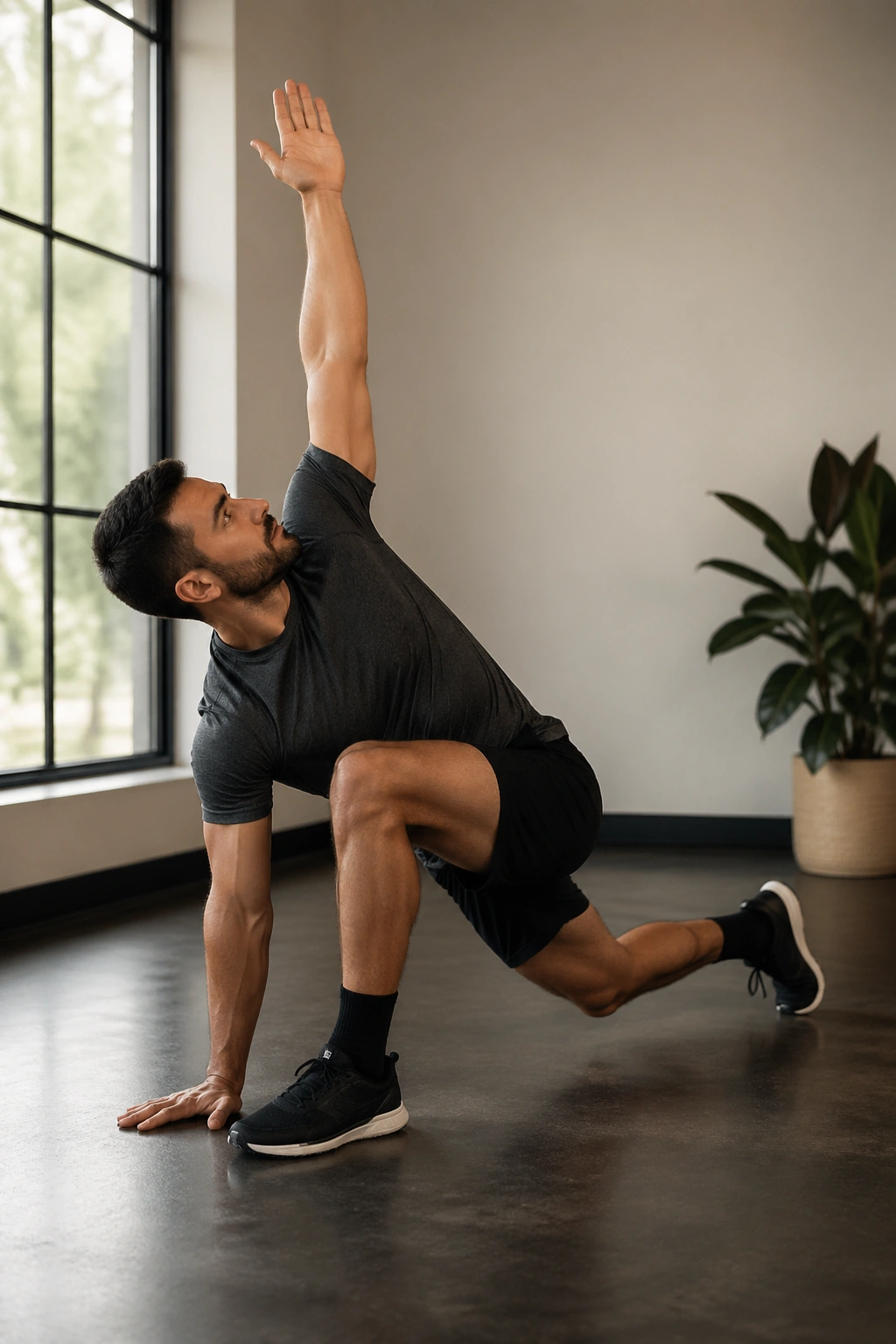 Medium-full body of a person performing the world’s greatest stretch with rotation
