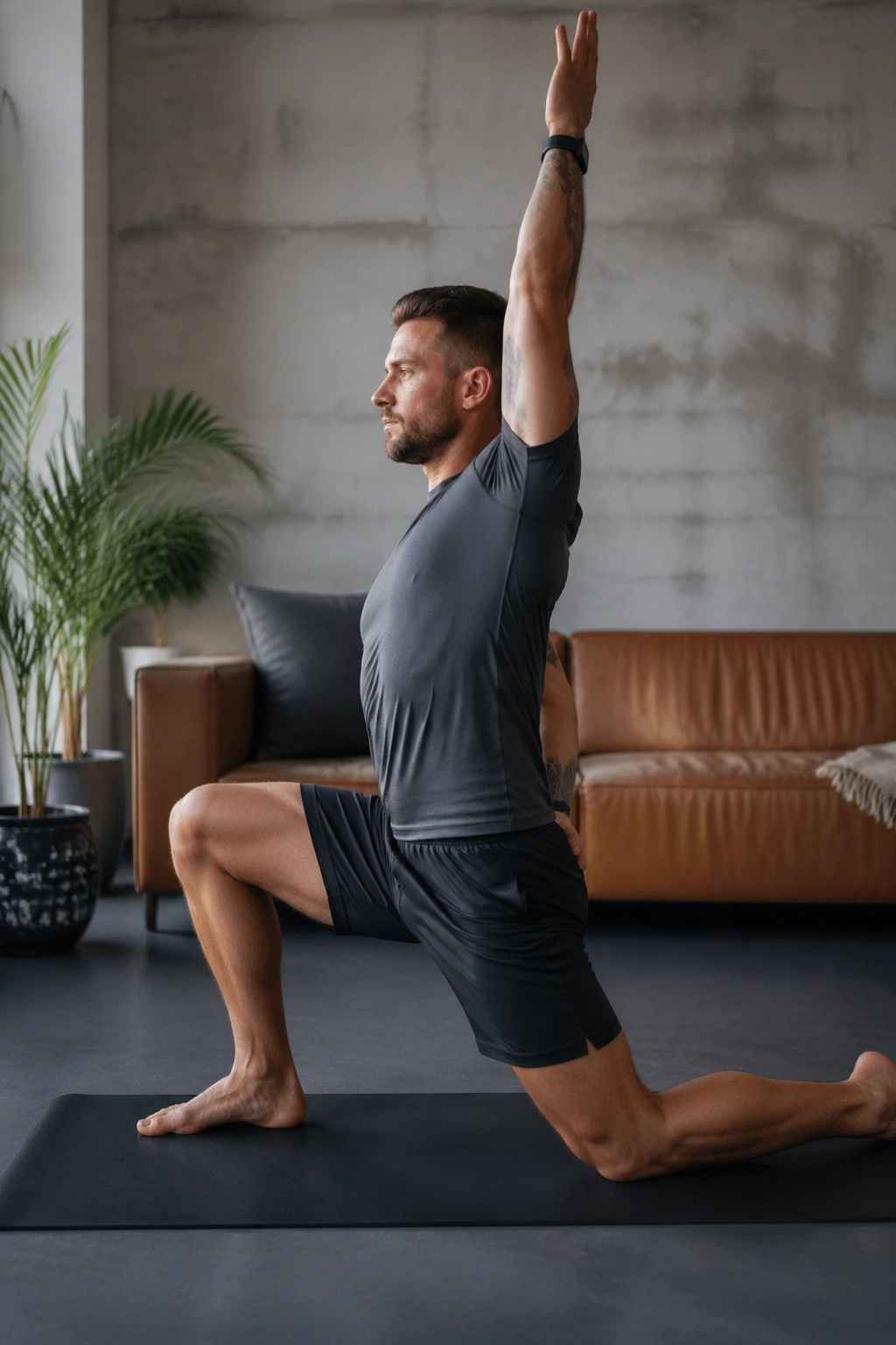 Half-Kneeling Hip Flexor Lunge: front knee forward, pelvis tucked, arm reaching overhead.