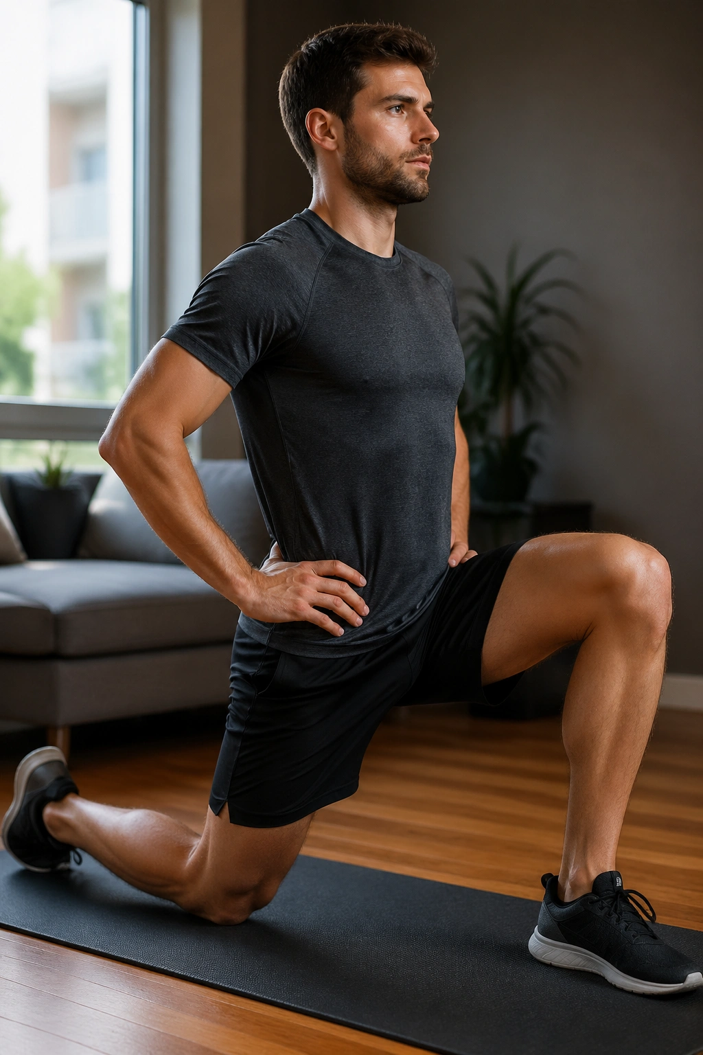 Half-kneeling hip flexor stretch showing pelvis tucked and hip opened