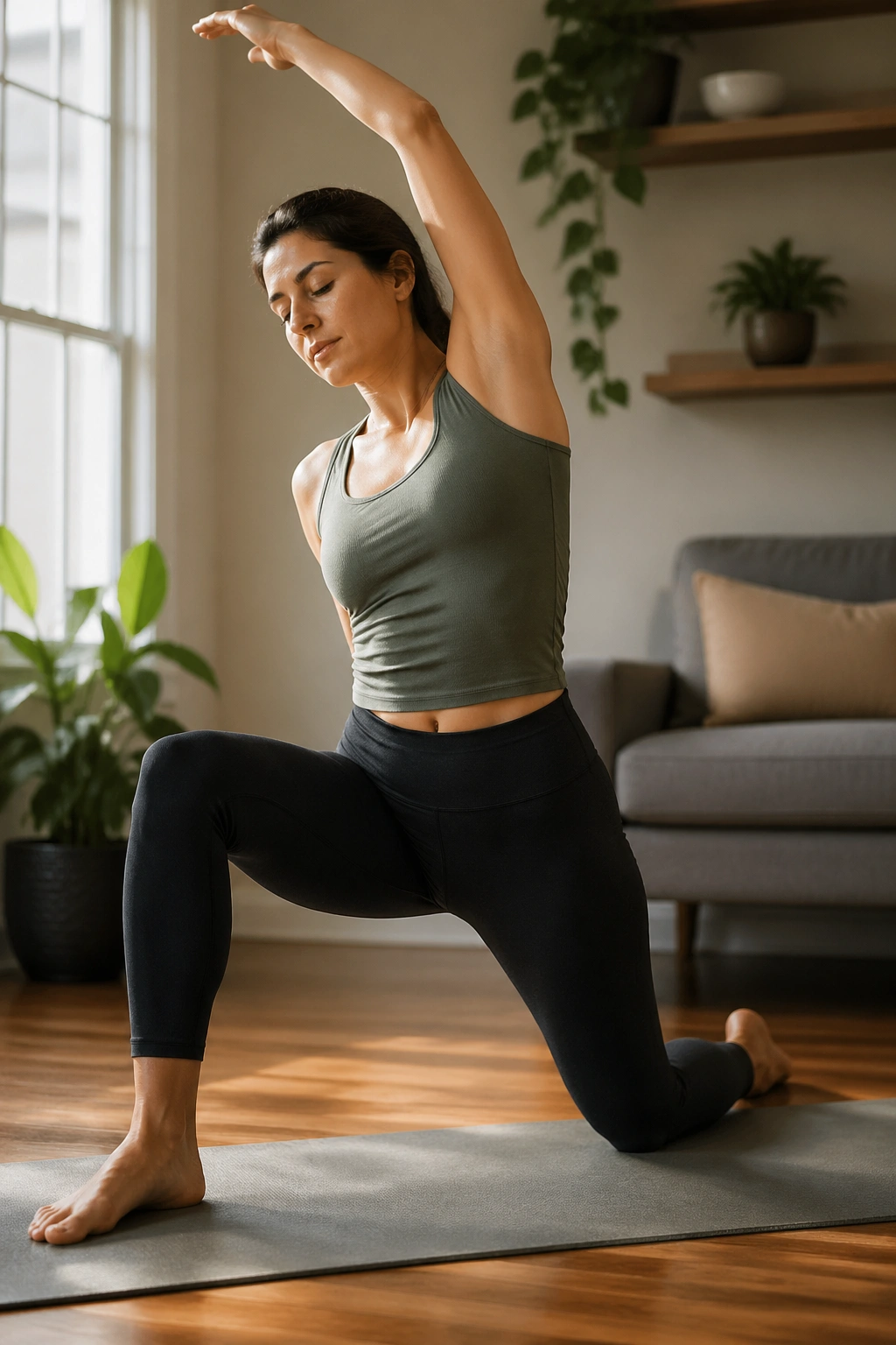 Real person performing half-kneeling hip flexor stretch with overhead reach in a warm living room