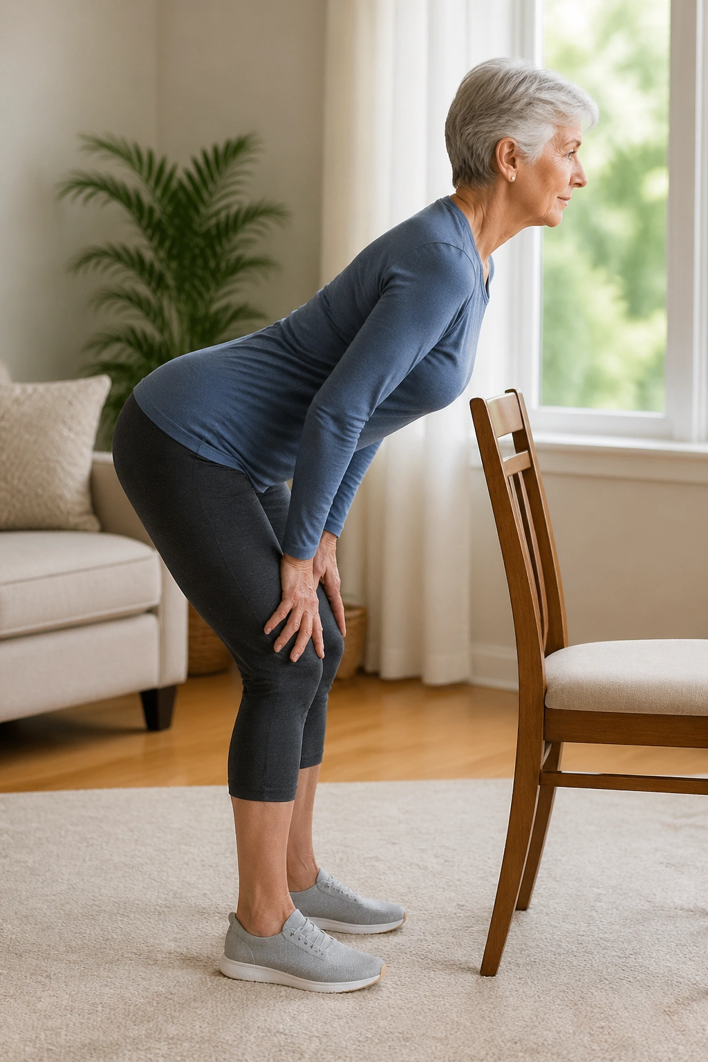 Senior performing hip hinge with a long spine in a home setting
