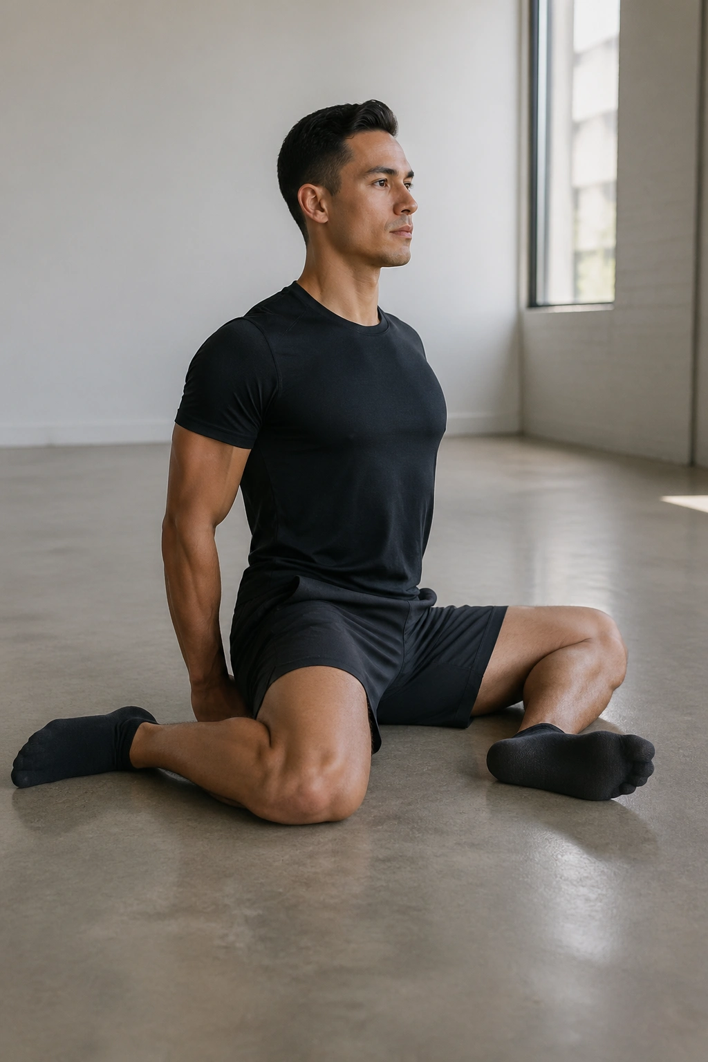 Close-up of hips and knees performing 90/90 hip switches