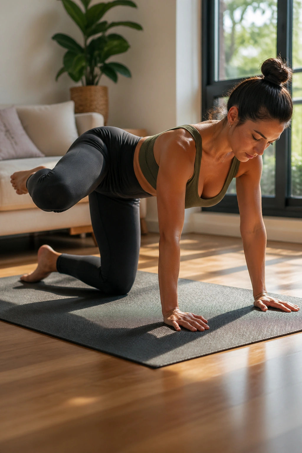 Close-up of a person on hands and knees performing Fire Hydrant Circles on a mat