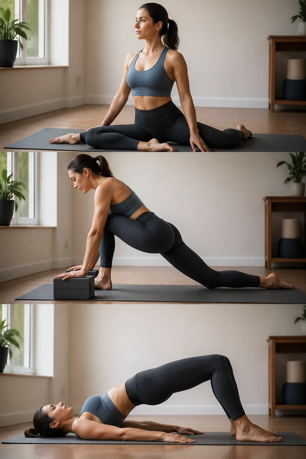 Person in 90/90 hip position transitioning to lizard lunge
