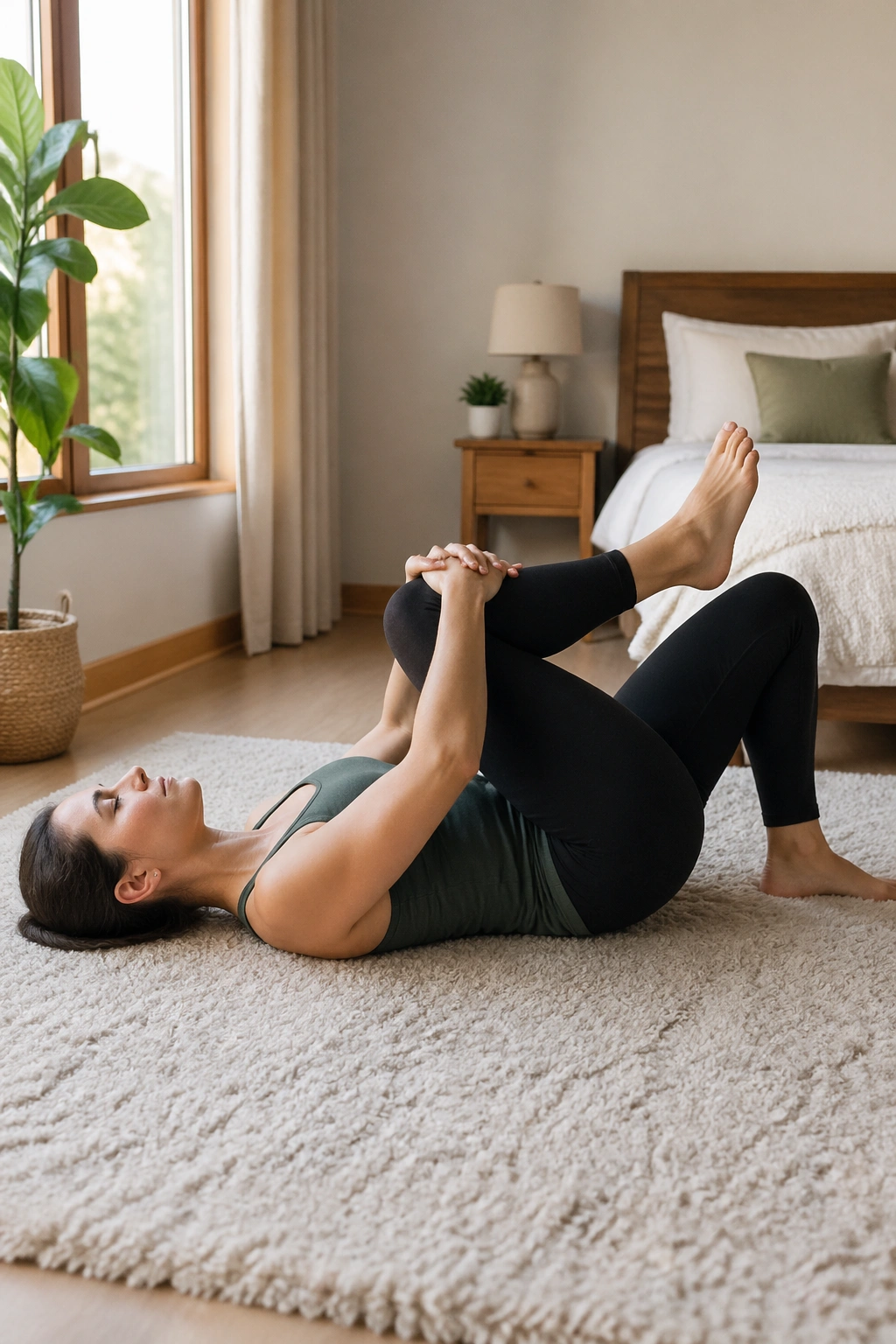 Person on back performing supine figure four hip stretch.