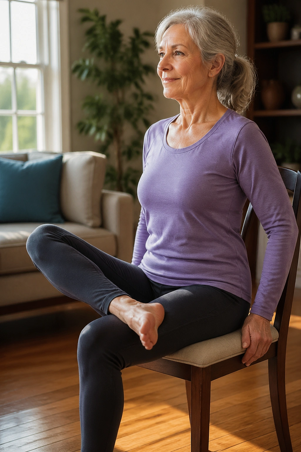 Senior woman seated performing Seated Figure-Four Hip Stretch on a chair, outer right hip stretch