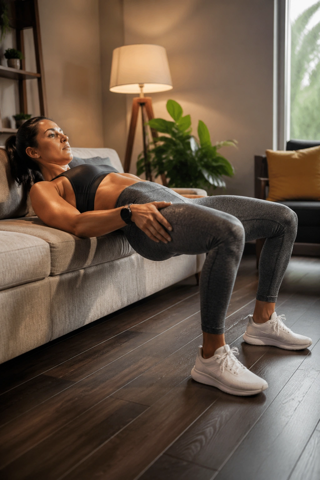Close-up of hip thrust pause hold emphasizing glutes in a home setting