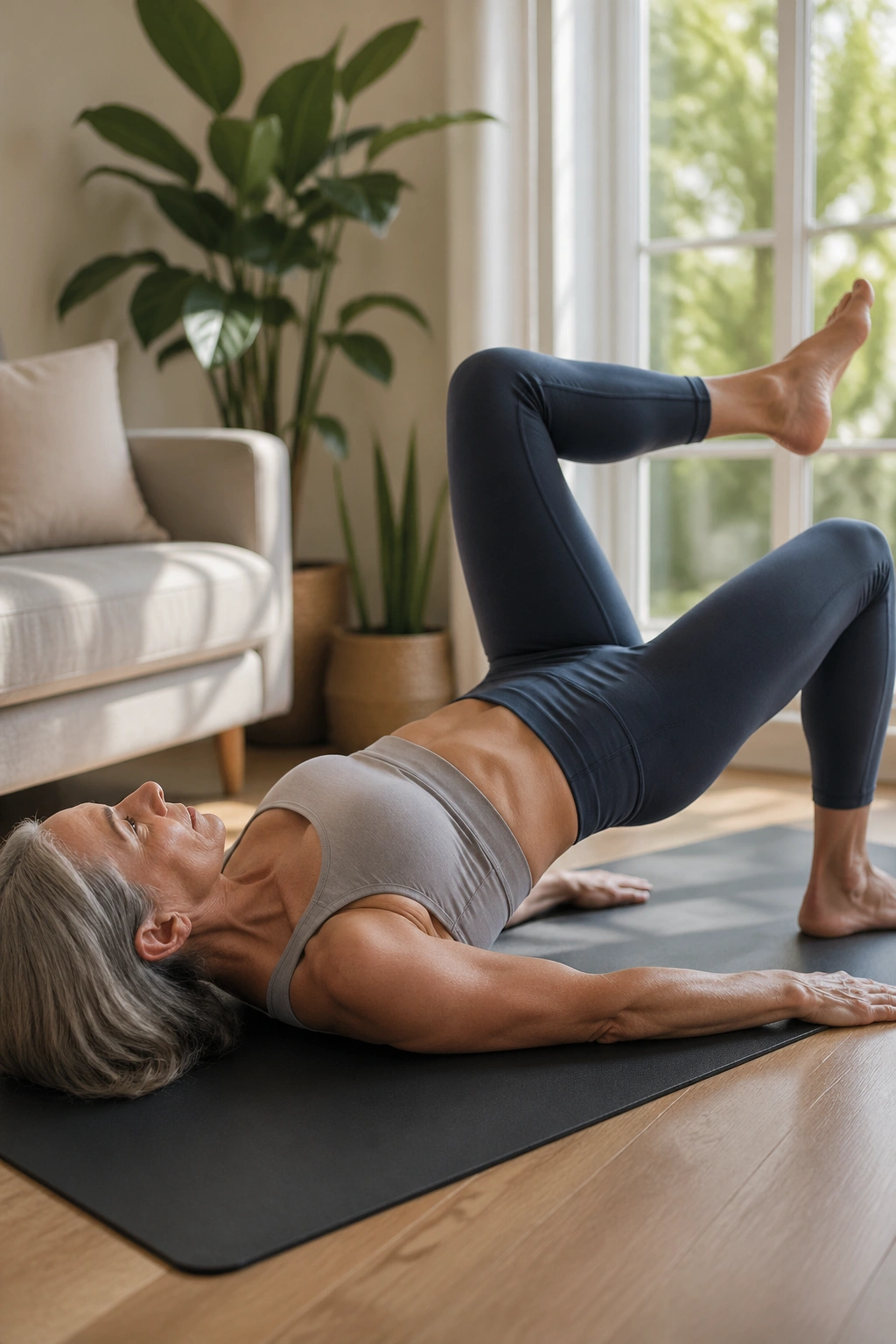 Close-up of a woman performing a single-leg bridge to address a weaker hip on a mat in a cozy living room