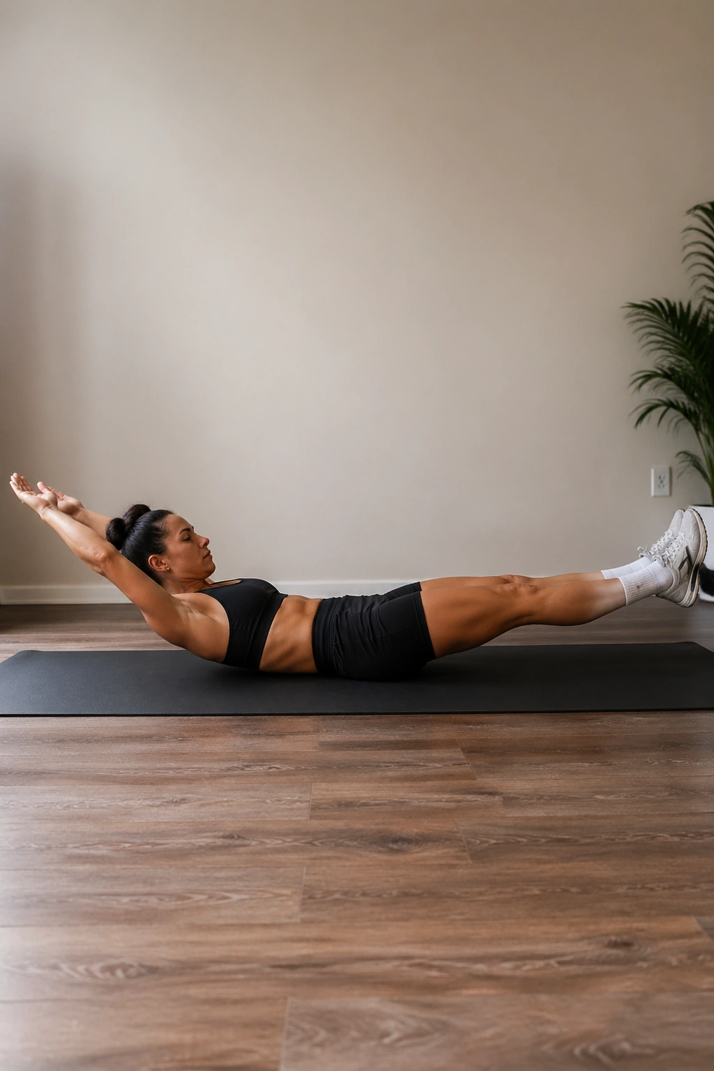 Front view of a real person in hollow body hold on a mat, shoulders lifted and legs extended.