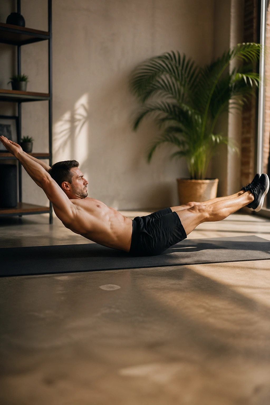 Person performing hollow body hold with ribs tucked