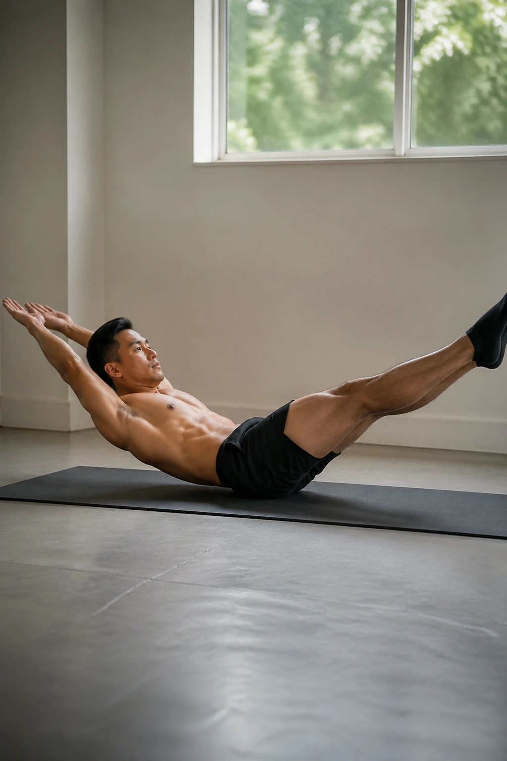 Real person performing hollow body hold on a mat