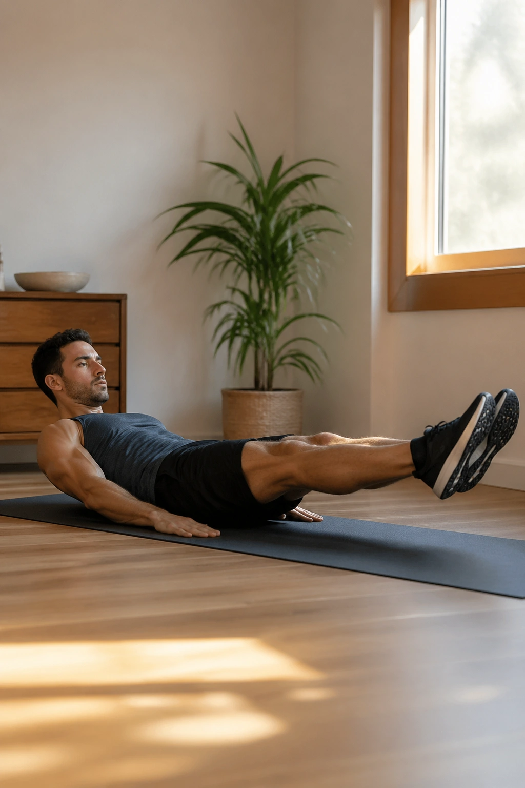 Person performing hollow body hold on a mat with a tight midline.