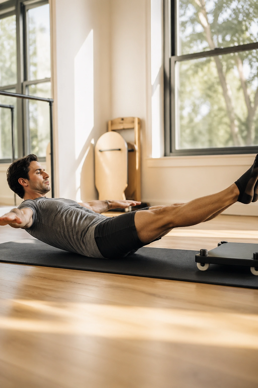 Person on back with heels on a Pilates board performing hollow body circles.