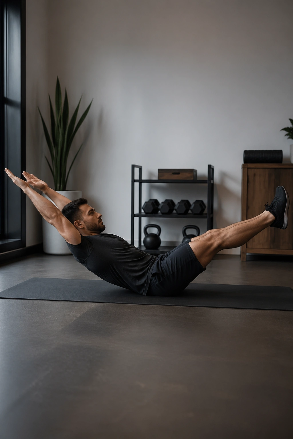Mid-shot of a person performing hollow body hold on a mat.