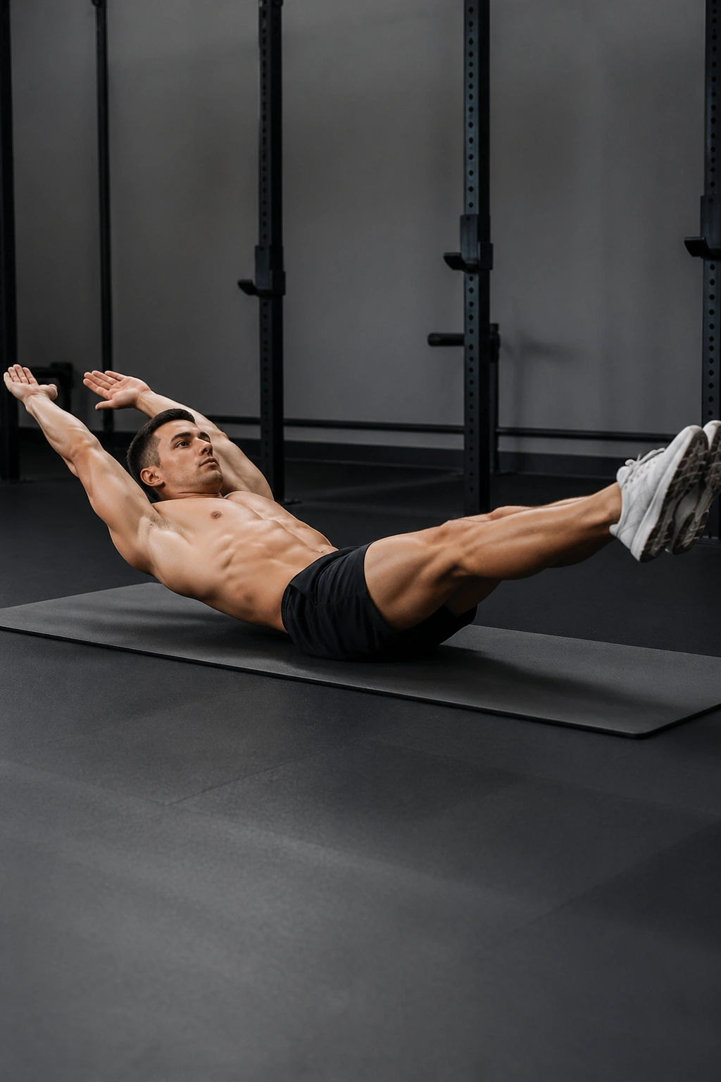 Real person performing hollow body hold on a mat, showing full trunk tension