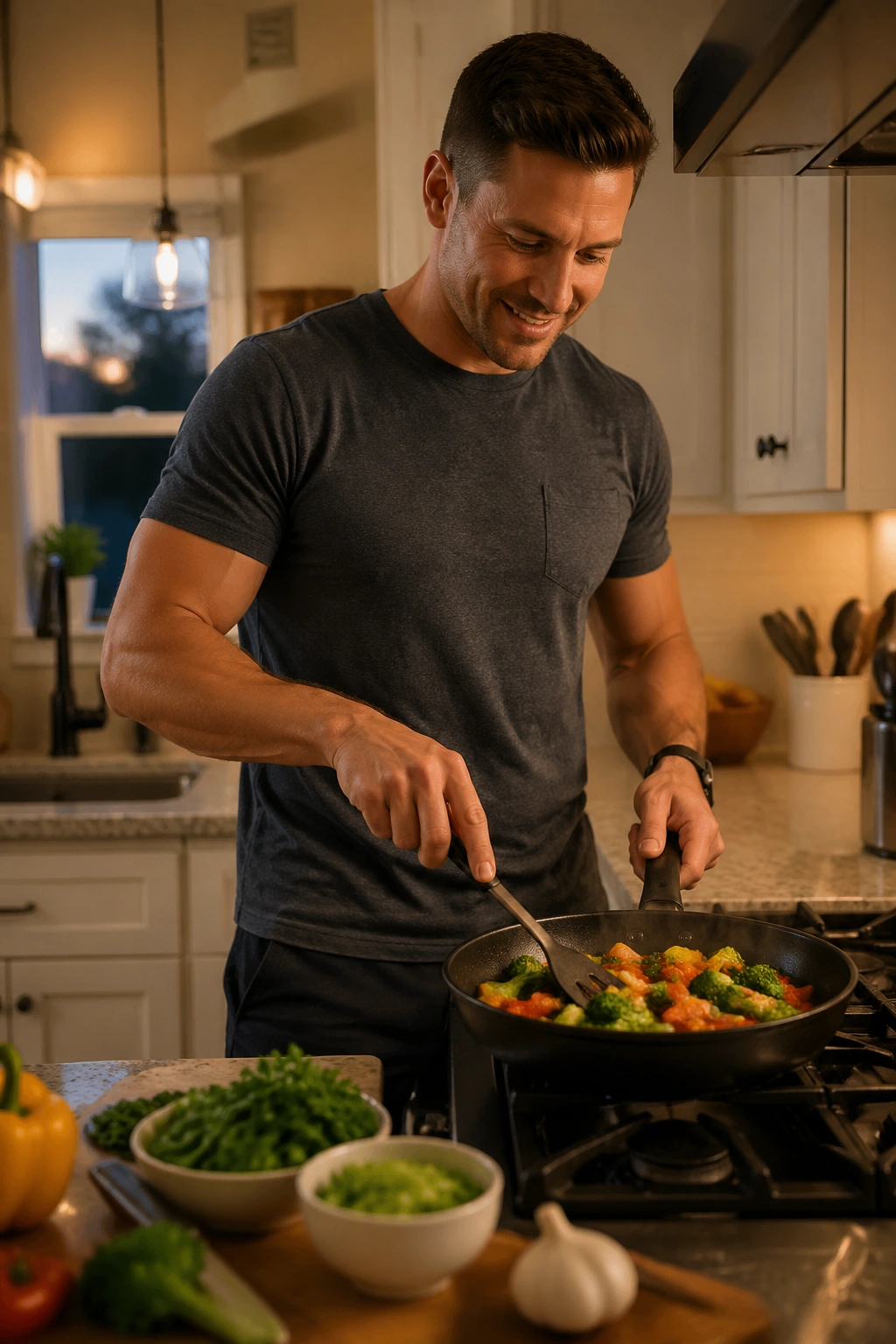 Person cooking dinner in a home kitchen