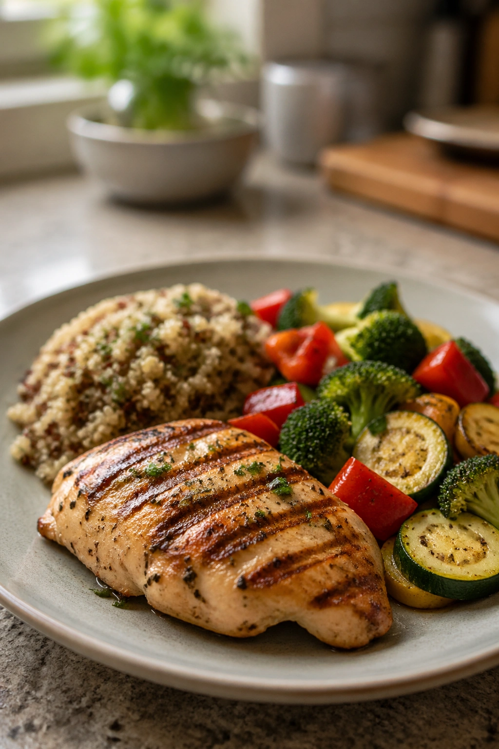 Close-up of a simple home-cooked meal on a plate in a sunlit kitchen
