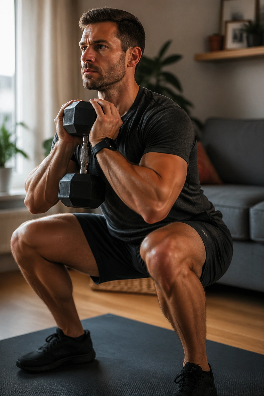 Close-up of person performing goblet squat with a dumbbell in a cozy home setting