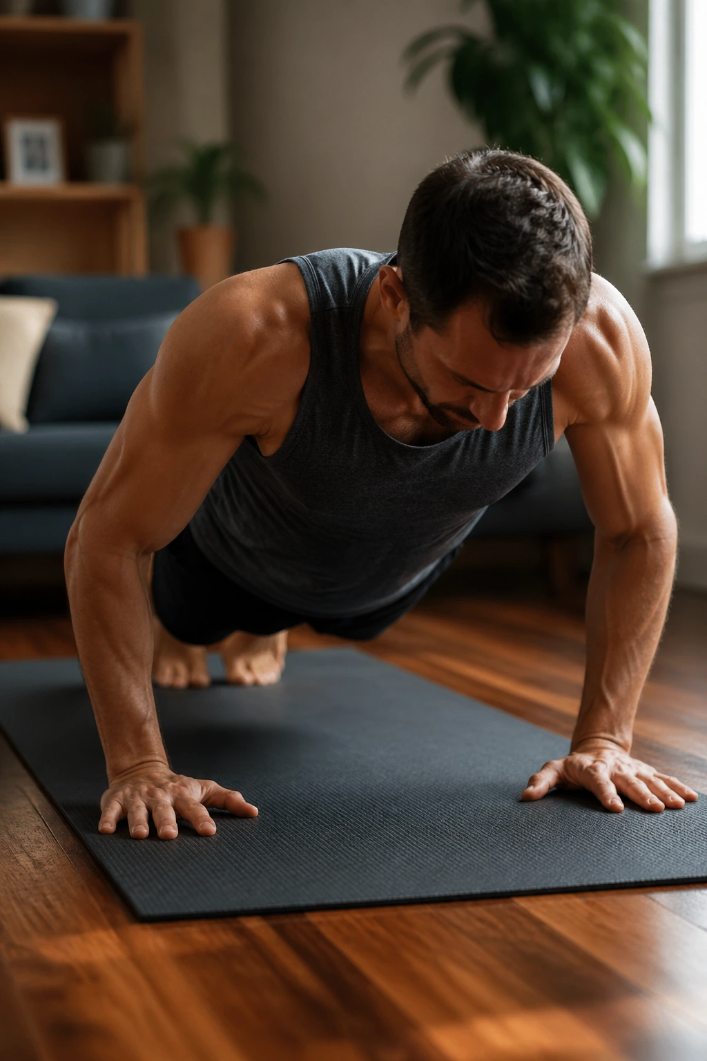 Close-up of a person performing a controlled home Pilates push-up and plank.