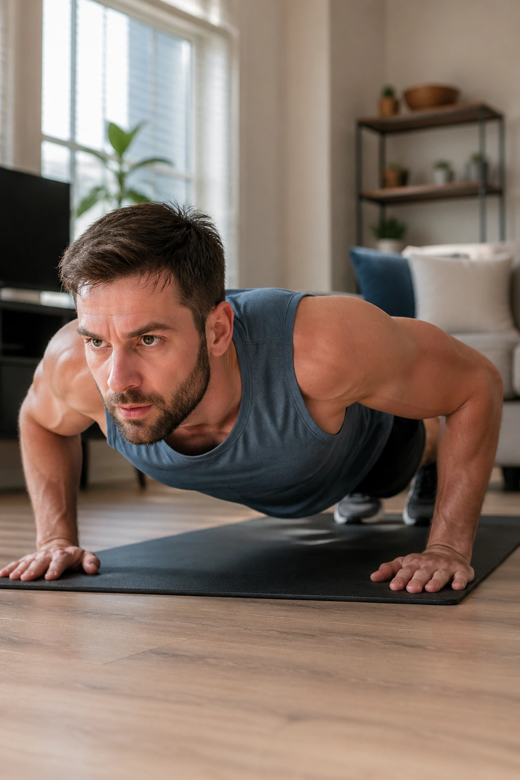 Person performing a push-up in a home living space