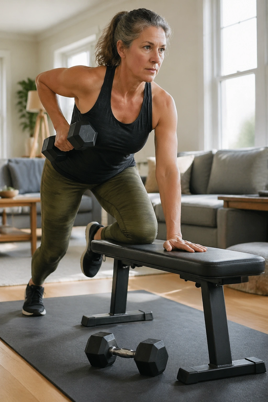 Person doing a home dumbbell workout in a bright living room
