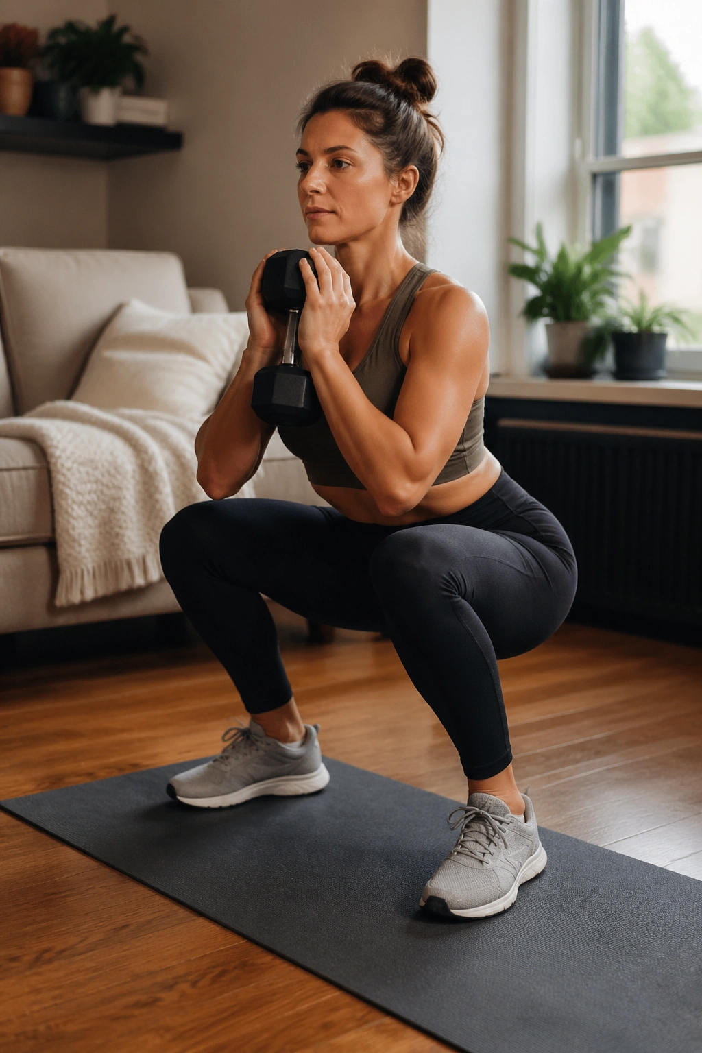 Woman doing a goblet squat in a small living room for a quick home workout